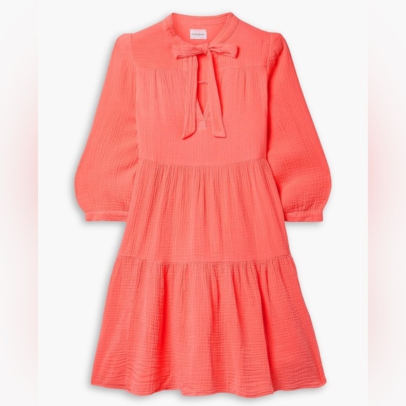 Honorine Giselle Ruffled Tiered Gauze Cotton Mini Dress Small S Neon Coral - Picture 9 of 9
